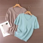 Women's short-sleeved spring and autumn 100% pure mink cashmere T-shirt sweater women's V-neck knitted solid color pullover