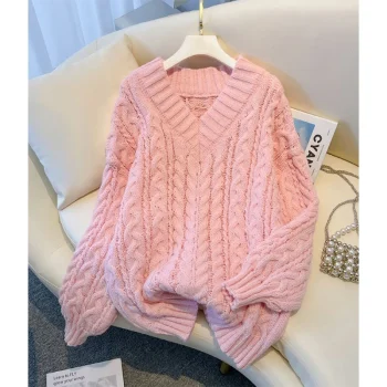Women Oversized Pink V Neck Knitted Pullovers Korean Long Sleeve Knitwear Winter Casual Jumpers