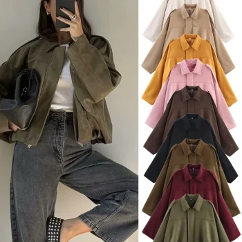 Women Suede Bomber Jacket Spring New Fashion Long Sleeve Zipper Oversize Solid Bomber Coat Chic Lady 2025 Streetwear