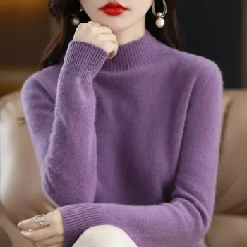Women Sweater Korean Fashion Warm Bottoming Shirts Half High Collar Basic Knitwear Solid Long Sleeve Pullovers