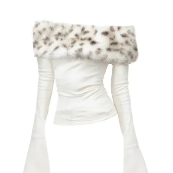 Luxury Fur Graphic Long sleeve T shirt Y2k Women Autumn Winter Off shoulder Tops 2000s Vintage Basic Blouse Tees White Shirt