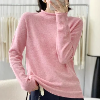 Women's Winter Warmth Basic Jumper Knit Top Solid Color Cashmere Wool Half High Collar Pullover
